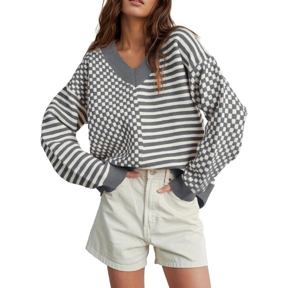 Women's Grey Striped Checkered V Neck Casual Knit Trendy Pullover Sweaters